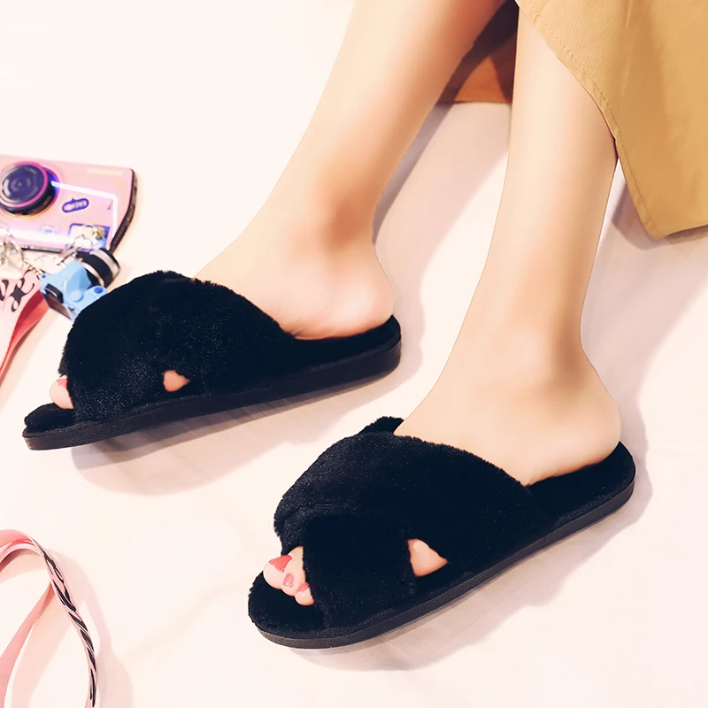 

Winter Women House Slippers Faux Fur Fashion Warm Shoes Woman Slip on Flats Female Slides Black Pink cozy home furry slippers