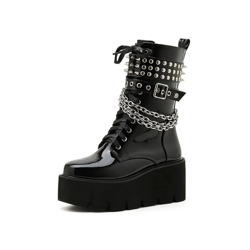 

N16 Winter Women's Boots with Velvet Thick Soles and High Heels Martens Black Joker Chain Locomotive British Short Wool Booties