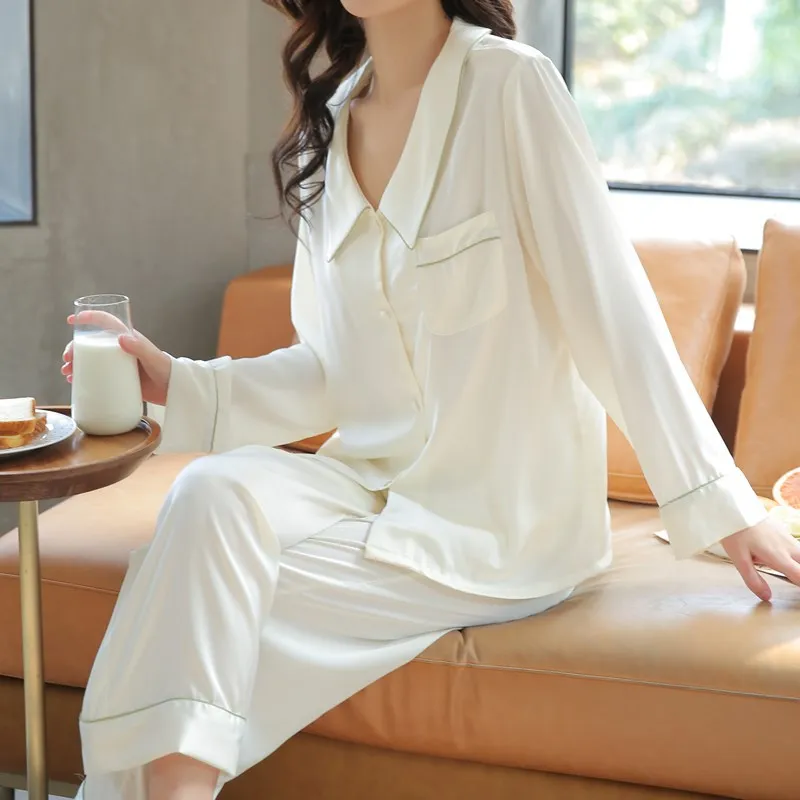 

Faux Silk Women Pajamas Set 2 Pieces Shirt&Pants Satin Sleepwear 2021 New Homewear Lounge Wear Casual Nightwear Pijamas