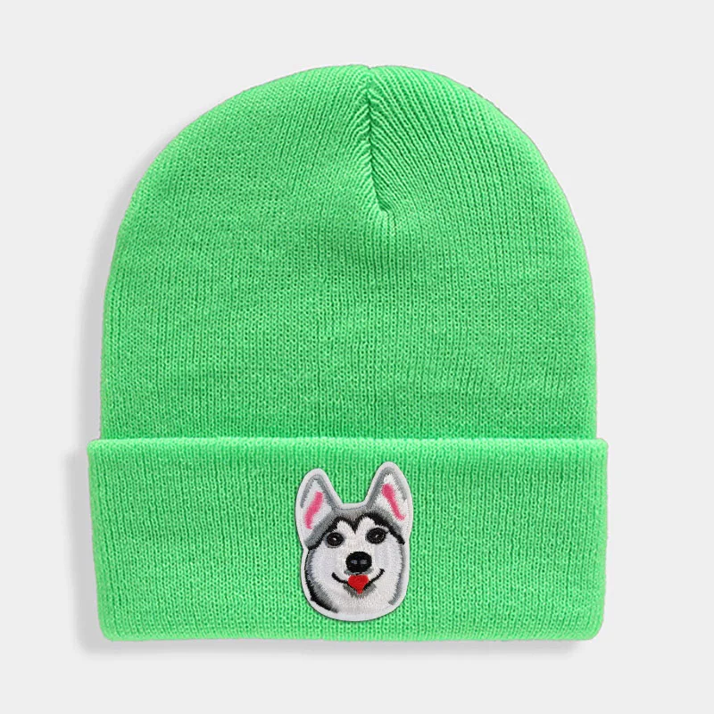 Huskies Hats Fashion Patches Sweet Beanie For Unisex Winter Brimless Stretchy Bonnet Solid Color Outdoor Cap Knitted Beanie - Цвет: Fluorescence Green