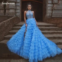 smileven modest puffy prom gowns sexy side split tiered eveing gowns helter neck saudi arabia evening party dresses