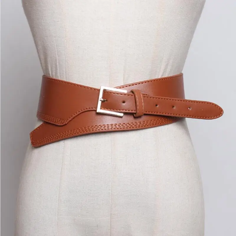 

HOT Faux Leather Waistbands Asymmetrical Black Wide Long Pin Buckle Belt Women New Fashion Cummerbunds Dress Coat Party Decorate