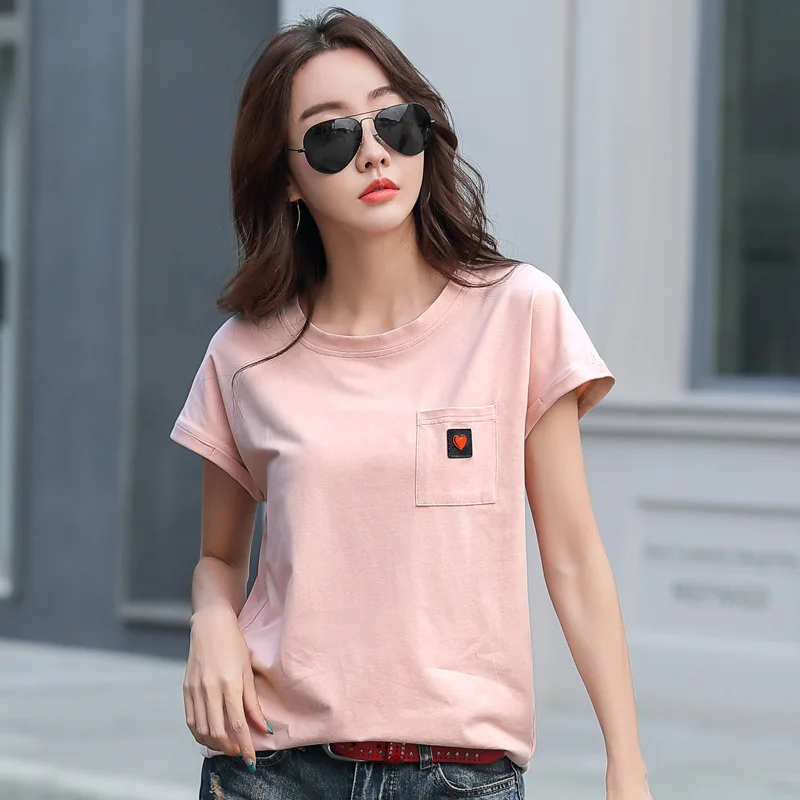 

Short Sleeve White T-shirt 2022 Summer Woman Tops Love Pockets Cotton T Shirt Women Black Korean Fashion Clothes Tshirt Female