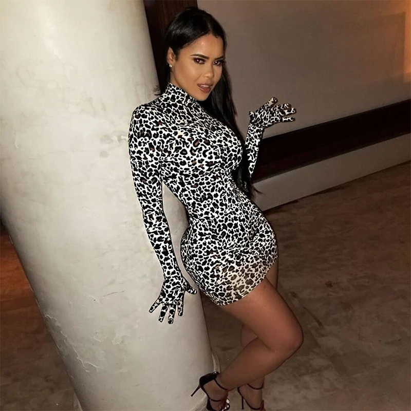 OMSJ модные осенне зимние платья с животным принтом водолазка леопардовое платье