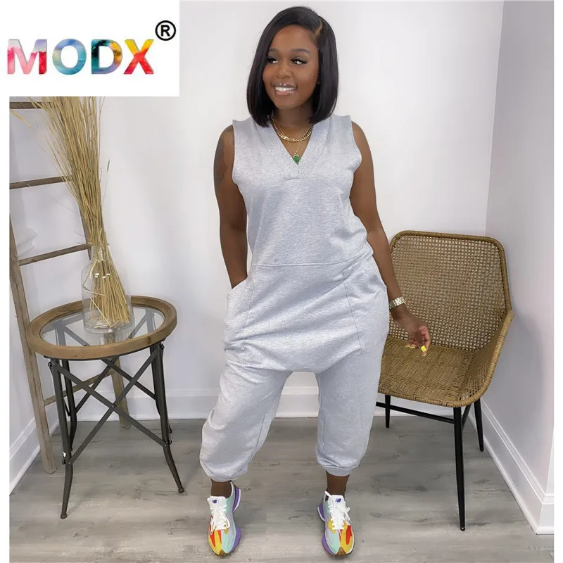 

5XL Women Sexy V Neck Jumpsuits Solid Color Rompers Casual Onesie Fashion Summer Sleeveless Bodysuit Loose One Piece Pants 4899