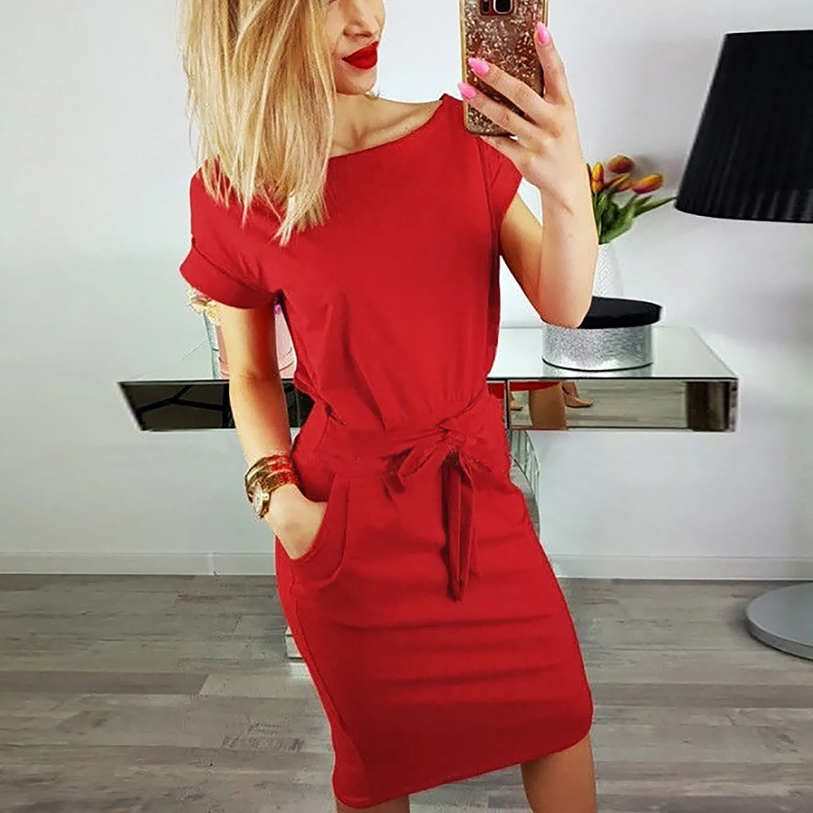 

Womens Vintage Dresses Boho Pocket Bandage Office Lady Dresses Casual Summer Short Sleeve Party Club Dress SHORT Knee-Length