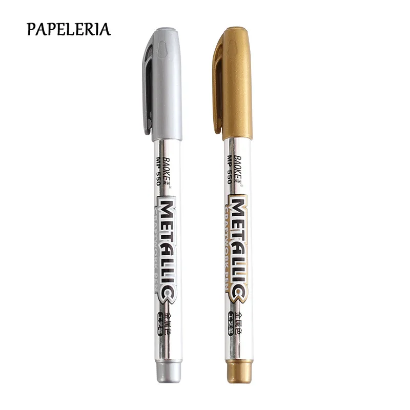 

PAPELERIA 2pcs Metal Fabric Markers Pens DIY Journal Paint Marker Gold Silver Color Metalic Graffiti Art Stationery Supplies