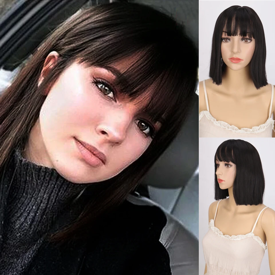 WEILAI короткие волосы прямой парик Аккуратные челки темно коричневые