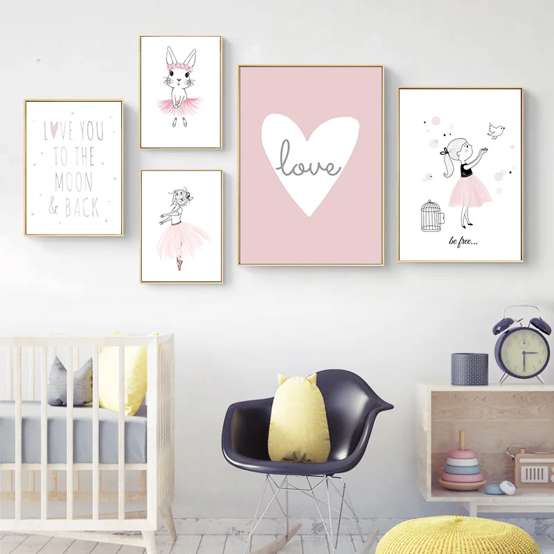 

Cute baby girl rabbit nursery wall art canvas poster cartoon prints painting Nordic children pictures girls bedroom decoration