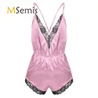 Эротическое нижнее белье, атласный комбинезон с кружевной отделкой Мужская сексуальная пижама, с V-образным вырезом, для геев, Мужская Ночная рубашка