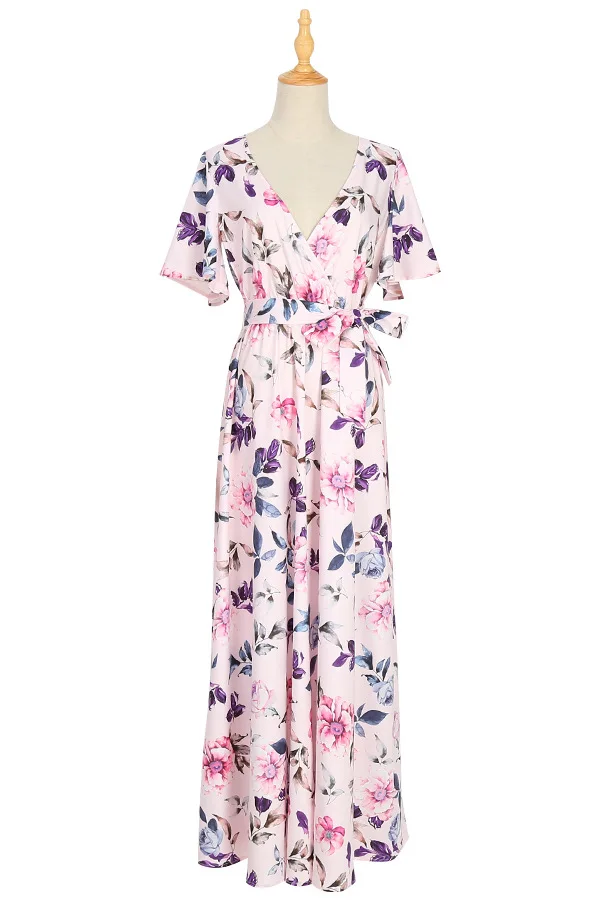 Летнее платье Макси Boho большого размера, повседневное богемное платье с цветочным принтом, пикантные пляжные платья с v-образным вырезом, вечерние платья с поясом