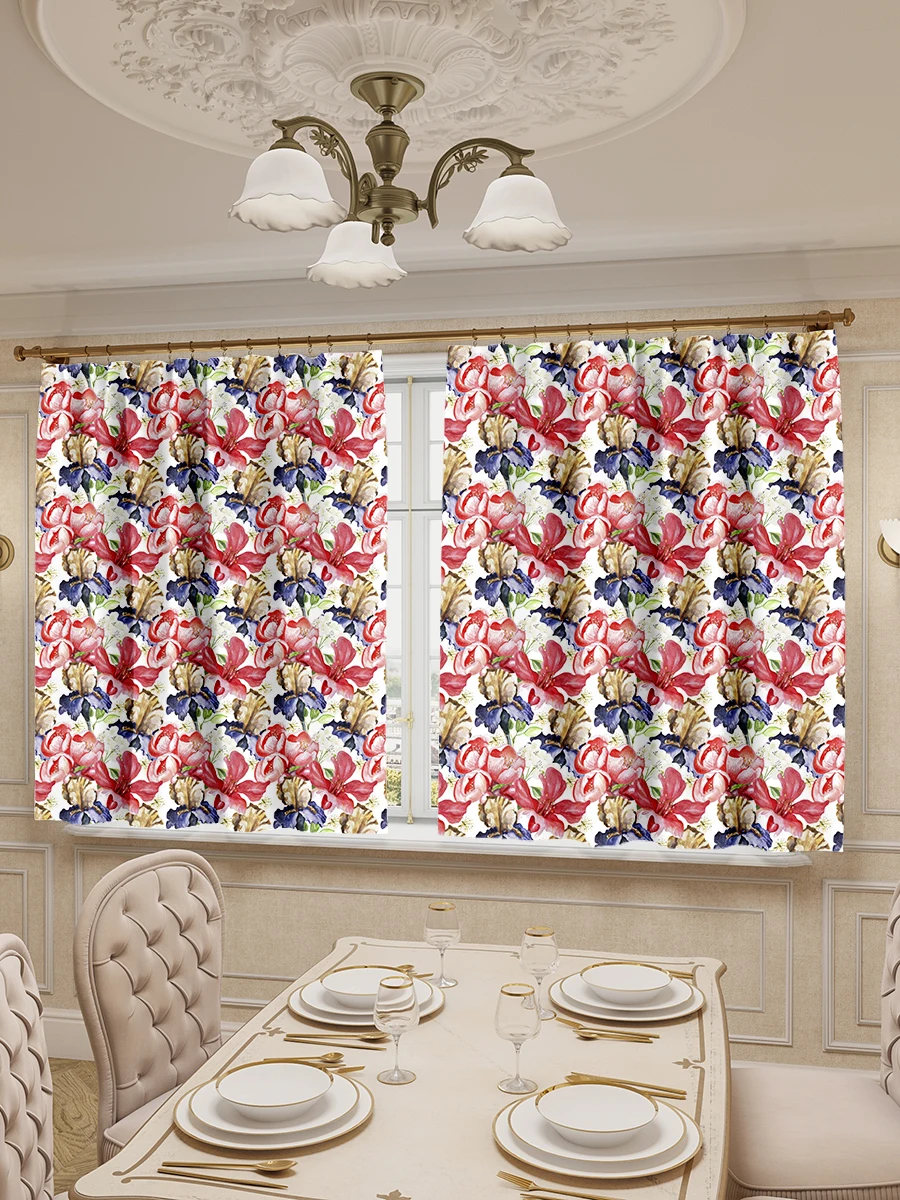 Шторы для кухни LeJoy Home из оксфорда Lux &quotРозовые красные и голубые цветы&quot 180х310 см.