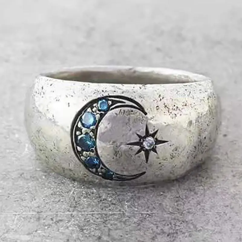 

Vintage Moon Star Rings for Women Luxury Acid Blue Crystal Women's Promise Finger Ring White Gold Color Wedding Jewelry Gifts