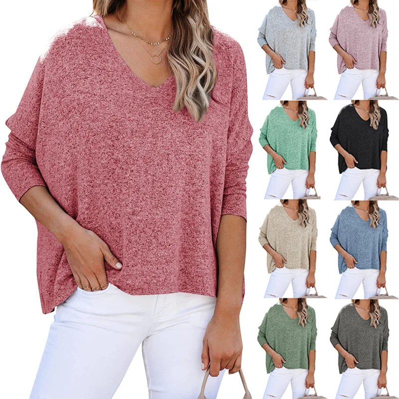 

2021 New Autumn Fashion T Shirt Women V Neck Solid Loose Casual Batwing Long Sleeve Plus Size Basic Tee Top Female Clothing