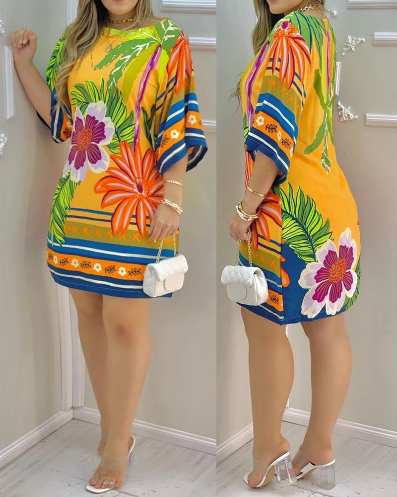 

2021 Summer Women's Mini Tropical Print Half Sleeve Casual Dress Round Neck Chic