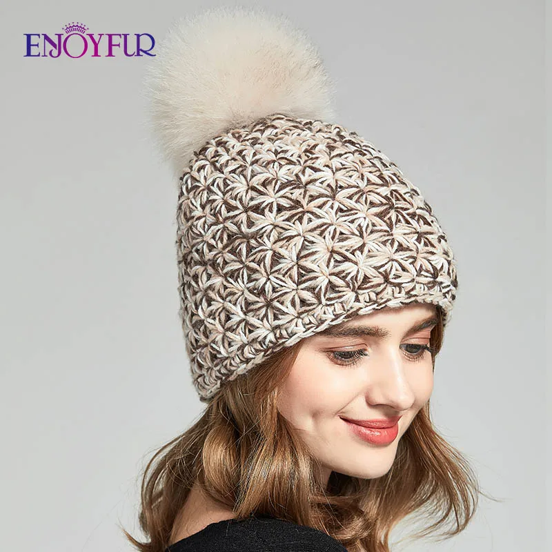 ENJOYFUR, ручная работа, теплые зимние шапки для женщин, настоящая лиса/енот, шапка с меховым помпоном, смешанные цвета, шерстяная шапка для девочек