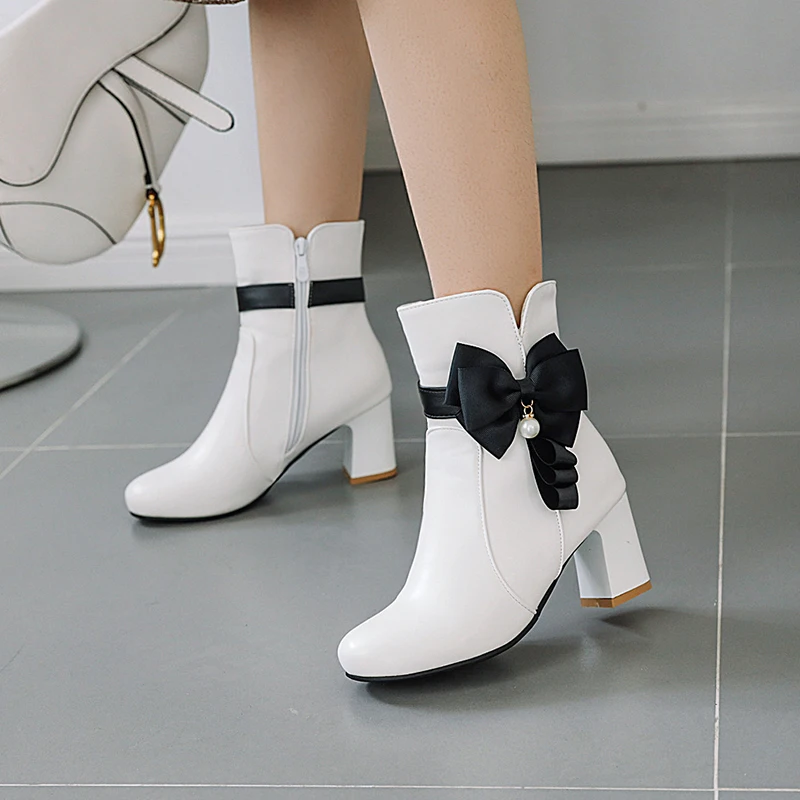 

Party style comfortable round toe ankle boots fashion color matching bow zipper white pink black thick high heel riding boots