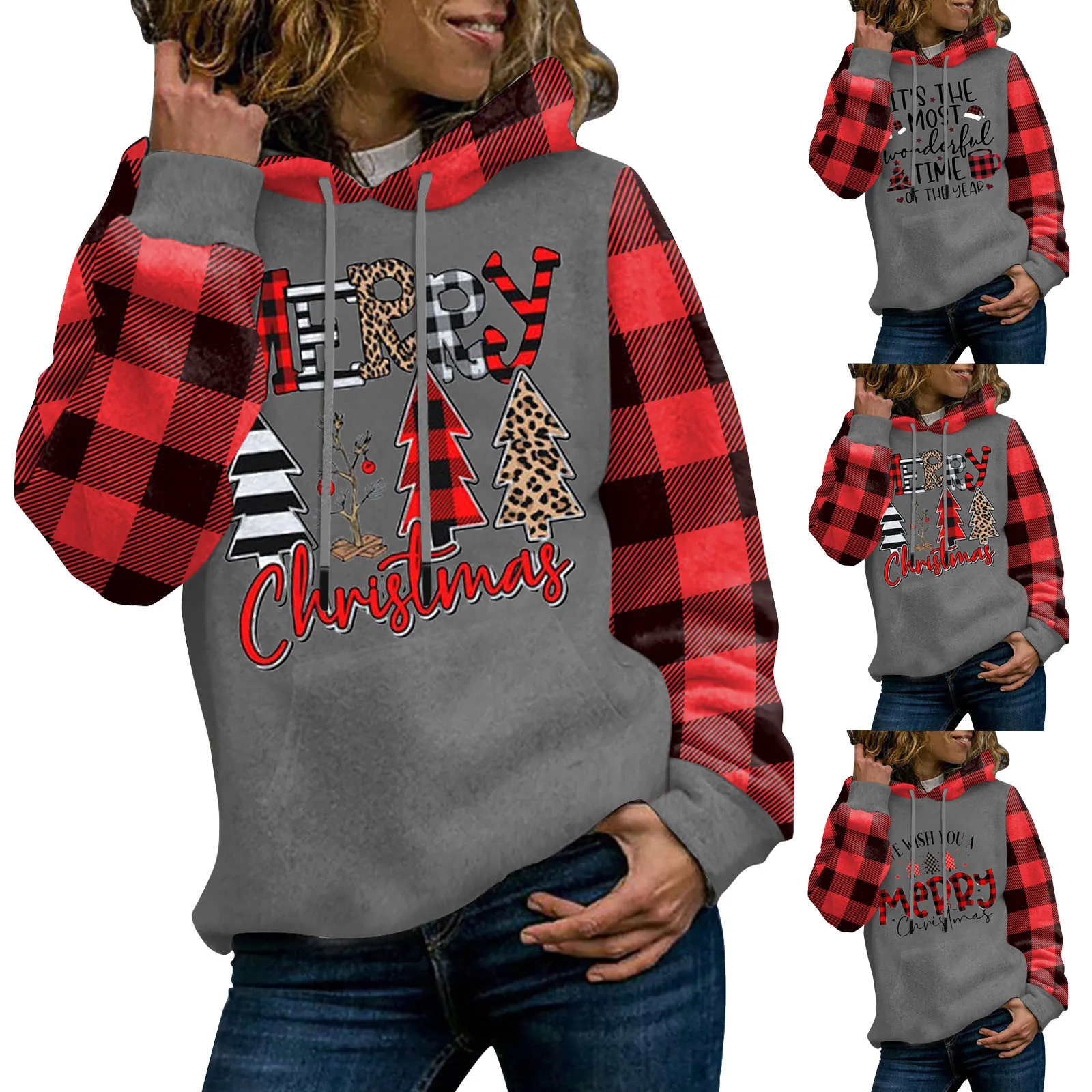 

Women's Hoodie Christmas Tree Printed Plaid Stitching Sweatshirt With Pockets Drawstring With Cap Long Sleeve Harajuku Hoodie