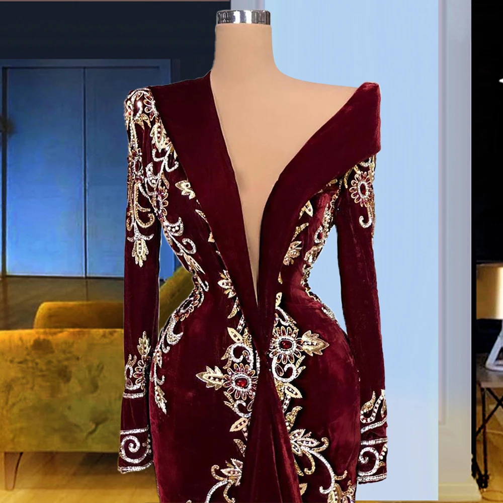 

Dark Burgundy Long Sleeves Rhinestones vestido de fiesta de boda 2021 Embroidery Gems