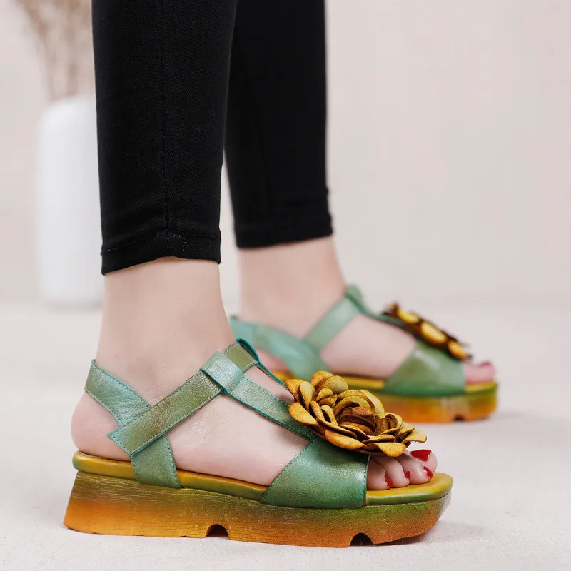 Женские сандалии из натуральной кожи ручной работы на платформе с ремешком