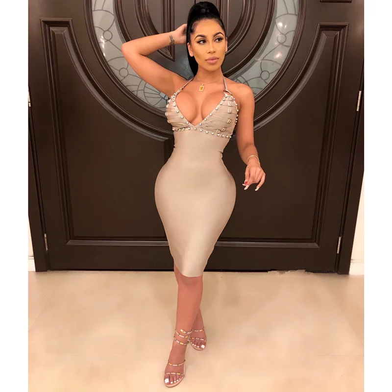 Summer Women Bandage Dress Vestidos 2019 Fashion Deep V-Neck Halter Sleeveless Geometric Rivet Elegant Female Bodycon | Женская одежда