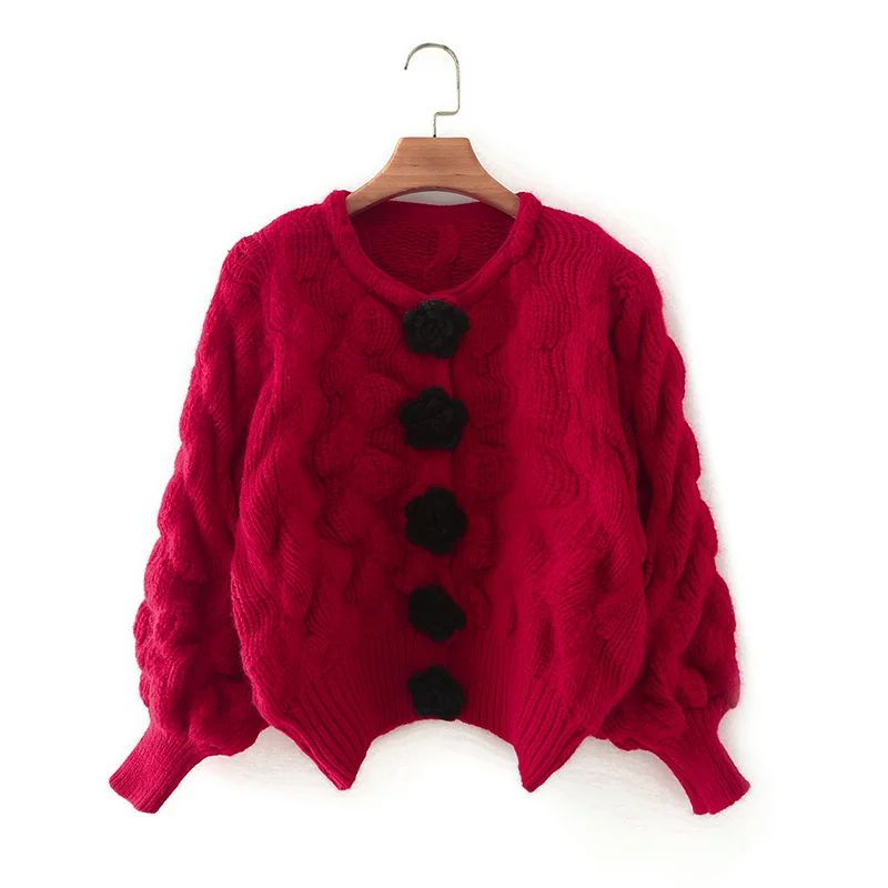 

Женский кардиган на пуговицах, трикотажный кардиган с объемными цветами, Осень-зима 2021