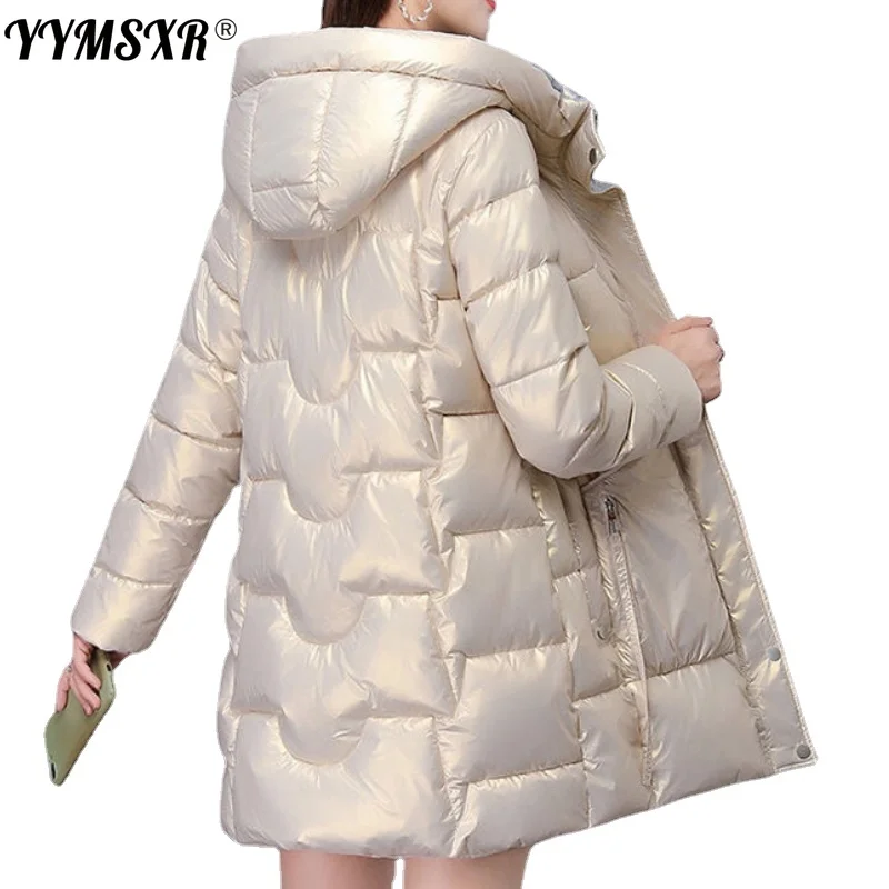 

New 2021 Jacket Women Cotton Coat High-quality Shiny Korean Style Loose Hooded Warm Mid-length Ladies Jacket Temperament