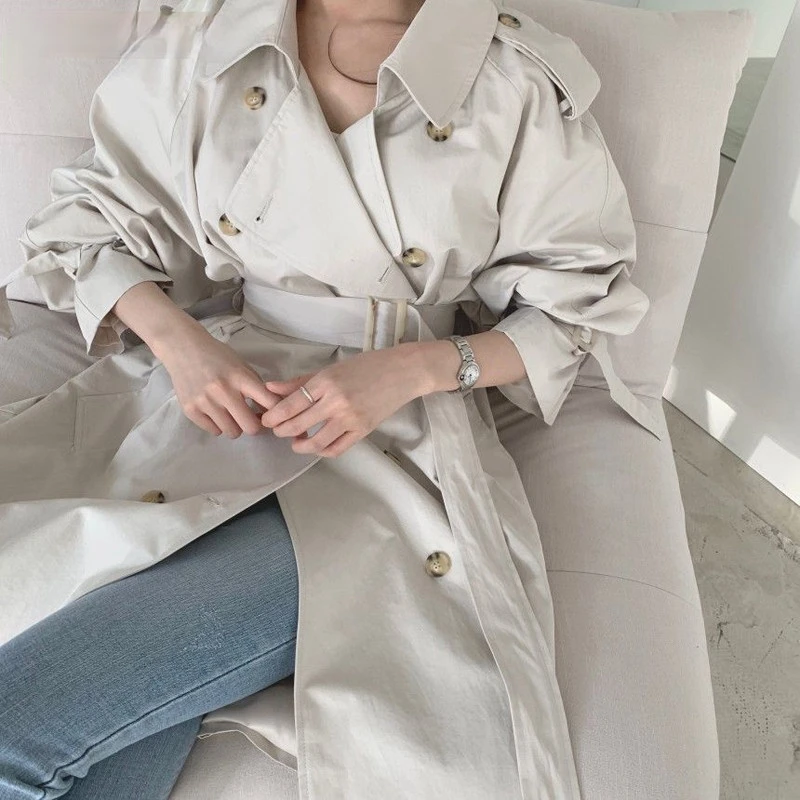 

Spring Autumn Winter Elegant Double Breasted Women Long Trench Coats Long Sleeve Loose Belted Split Female Blue Windbreaker