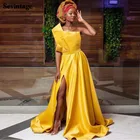 Женское атласное вечернее платье Sevintage, желтое длинное платье с высоким разрезом, со складками и шлейфом, без рукавов, для выпускного вечера