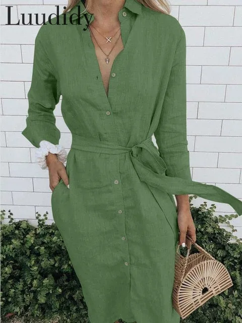 

Women Dress 2020 Summer Shirt Dress Ladies Elegant Dresses With Belt Clothes