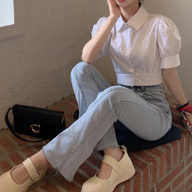 

White Shirt for Women 2021 Summer New Retro Style Fashionable Short Puff Sleeve Top Versatile Slimming Short Sleeve Shirt