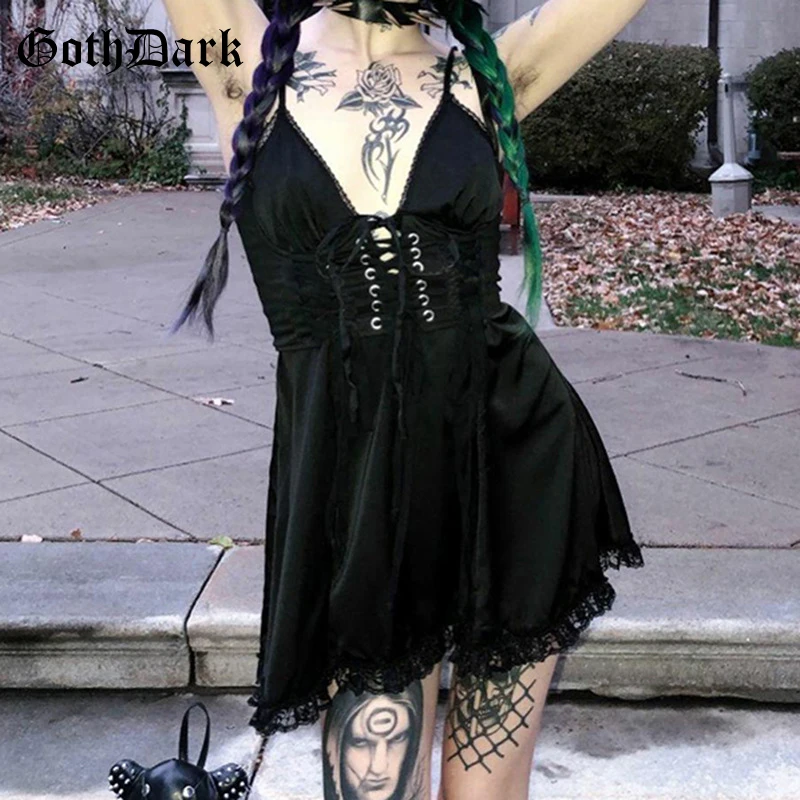 

Goth Dark Satin Lace Mall Gothic Women Partywear Dresses Grunge Punk Black Sexy Alt Clothes E-girl Bandage Sling Aline Emo Dress