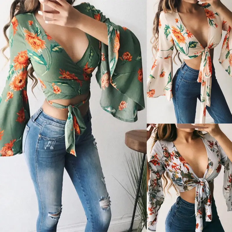 

2018 Sexy Ladies Crop Top Summer Fashion Women Long Sleeve Blouse Sexy V Neck Shirts Ladies Bandage Tops