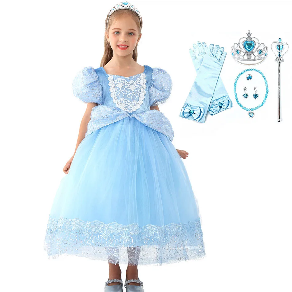 

Deluxe Cinderella Fancy Dress Up Girls Christmas Halloween Party Costume Accessories Kids Birthday Wedding Gown 4- 10 Years