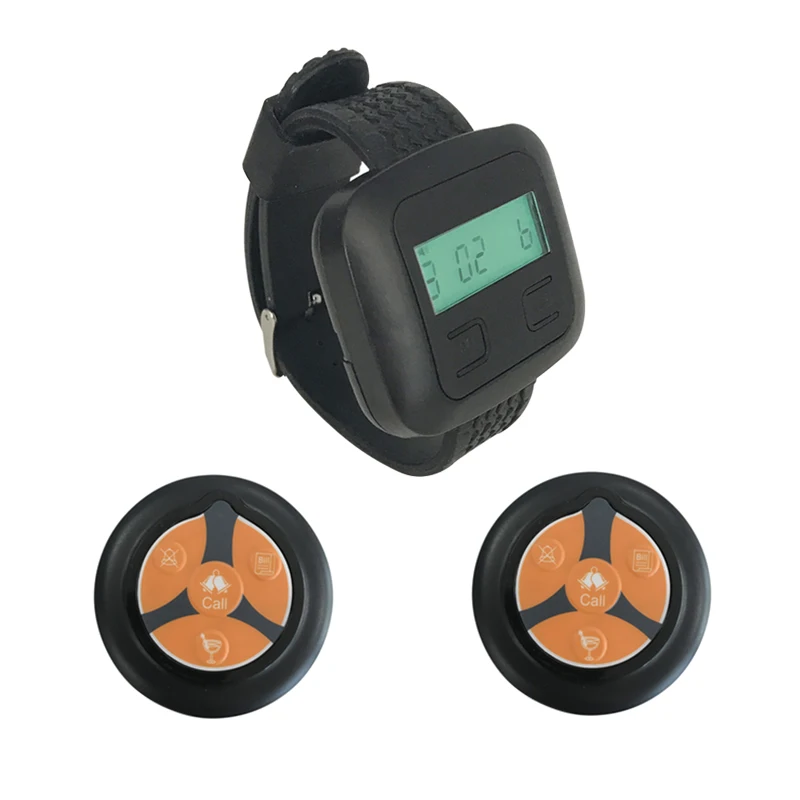 Wireless Button Call Waiter 1 Wrist Watch Receiver +2 Super Thin Transmitter Black For Restaurant Coffee Shop