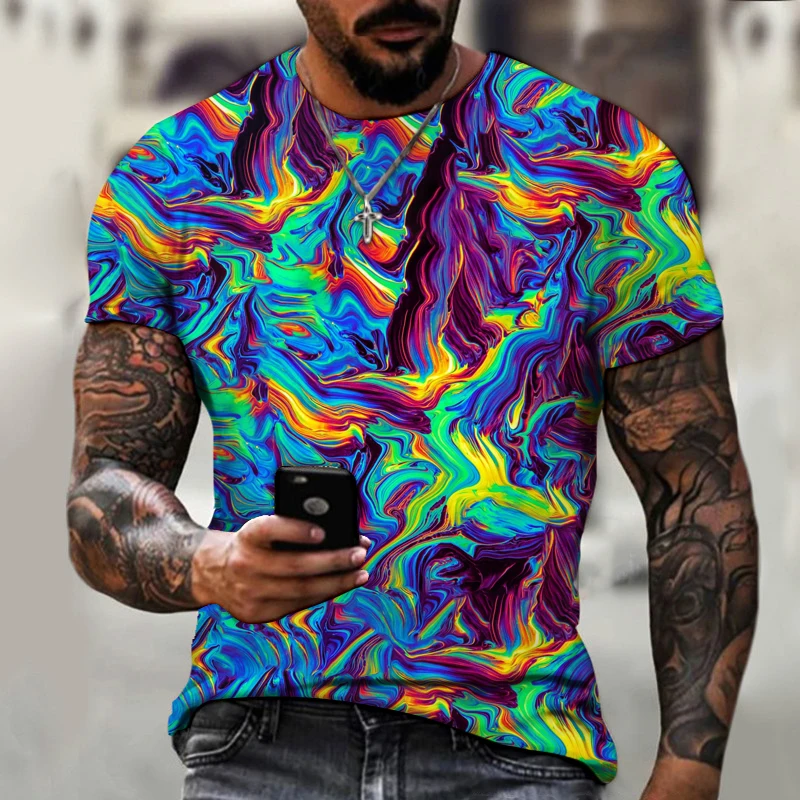 

European Design International 2022 Summer Men's 3D Art Retro Color Cool Print Harajuku Street Oversized T-shirt 6XL