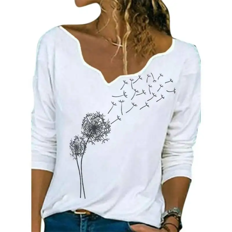 

Womens Long Sleeve Dandelion Printed T-Shirt V-Neck Casual Baggy Tops Plus Size