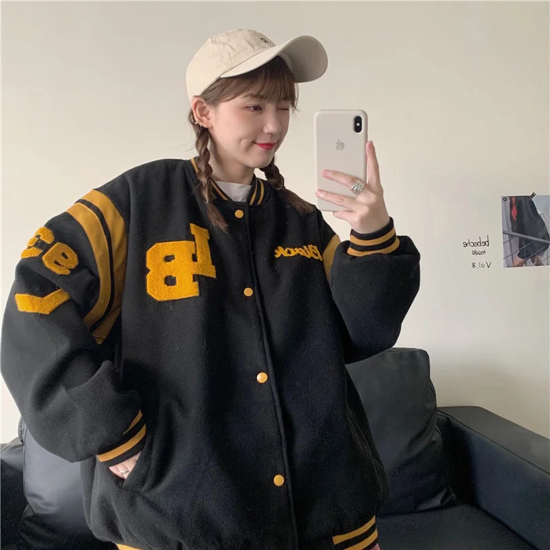 

Large Size Women's Baseball Uniforms Women's Korean-style Autumn And Winter Retro Loose Jacket Sister Sweater Thin Coat