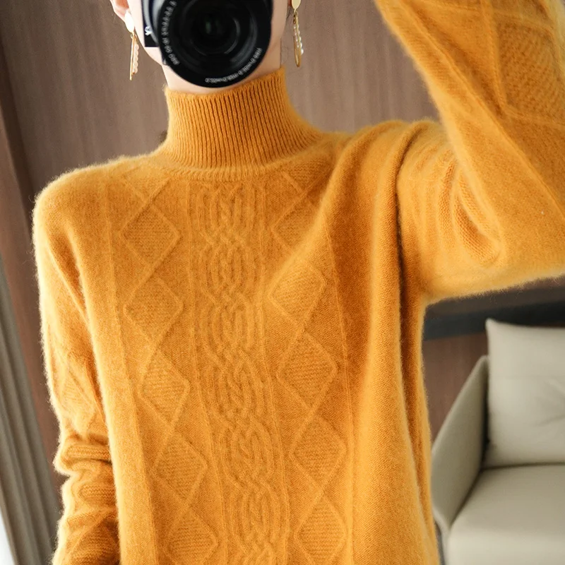 

Женский однотонный кашемировый свитер, Свободный пуловер с высоким воротником, большие размеры, зима 100%