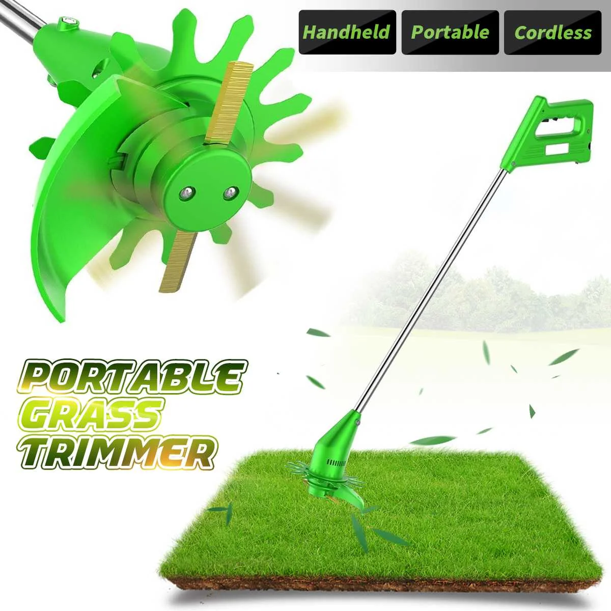 

Portable Cordless Grass Trimmer Head Rounded Edge Trimmer Stainless Steel Li-ion Battery Handheld Cutter Lawnmower Garden Tool