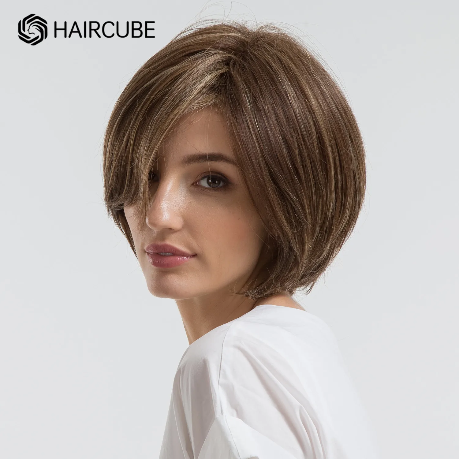 HAIRCUBE Mixed Brown Short Synthetic Wigs with Bangs High Temperature Straight Bob Wigs Blend 30% Human Hair Wig for Women