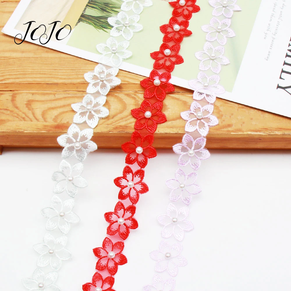 

JOJO BOWS 30mm 1y Pearl Diamond Six Petal Flower Lace Ribbon For Craft Clothing Sewing Wedding Decoration Lace Applique Crafts