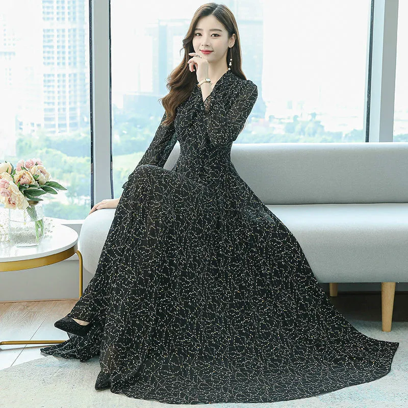

Plus Size Chiffon Floral Printed Long Sleeve Dress Harajuku Dresses Female Clothes Women Clothing Korean Fashion Gown Elegant