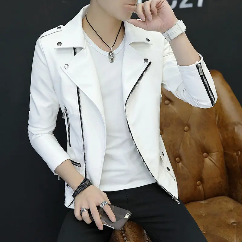 

Leather Coat Men 's Autumn And Winter Korean Style Short Youth Rivet Motorcycle Lapel Long Sleeve Leather Jacket