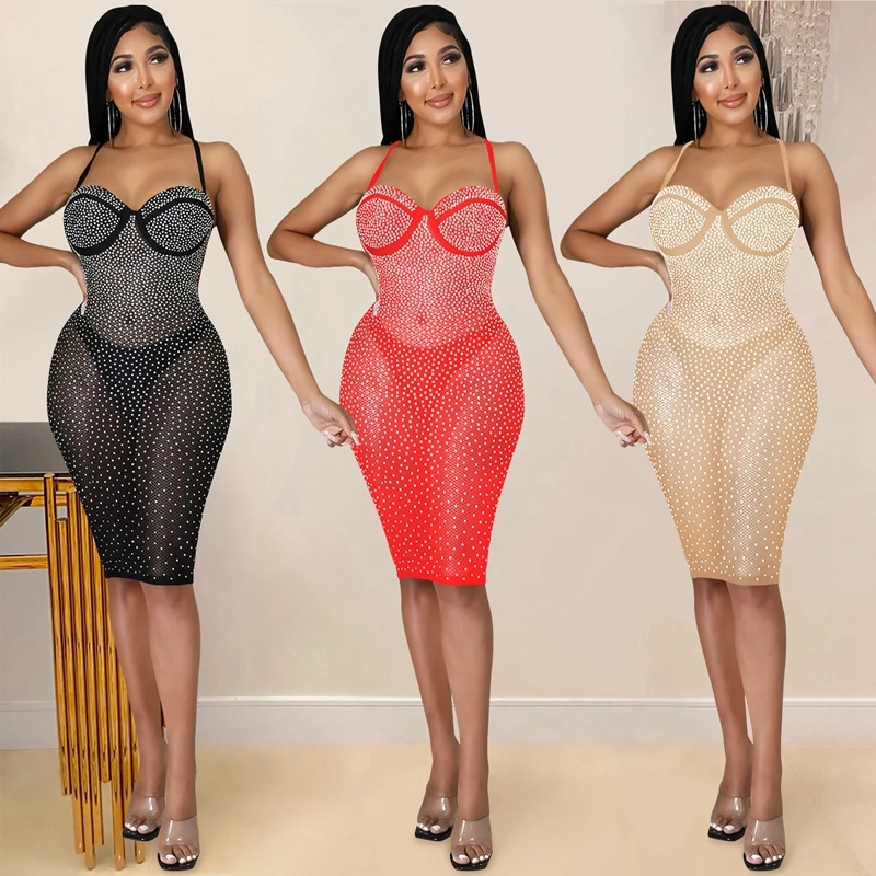 

Rhinestone Sequin Glitter Women Sexy Dress Spaghetti Strap Sleeveless Backless Bandage See Through Nightclub Party Bodycon