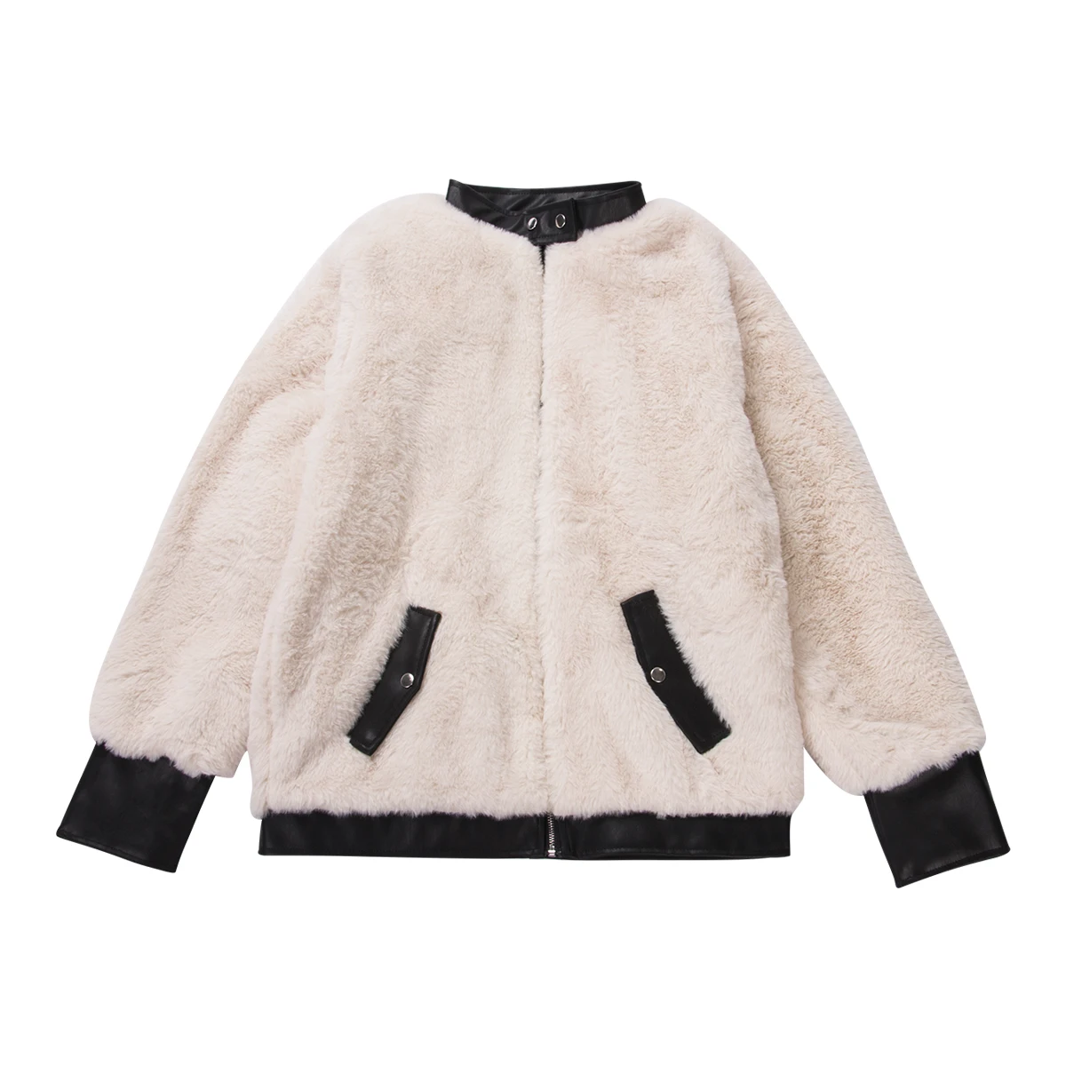 Women Warm Teddy Bear Fleece Leather Patchwork Pocket Long Sleeve Slim Jacket Zip Up Oversize Outwear Coats
