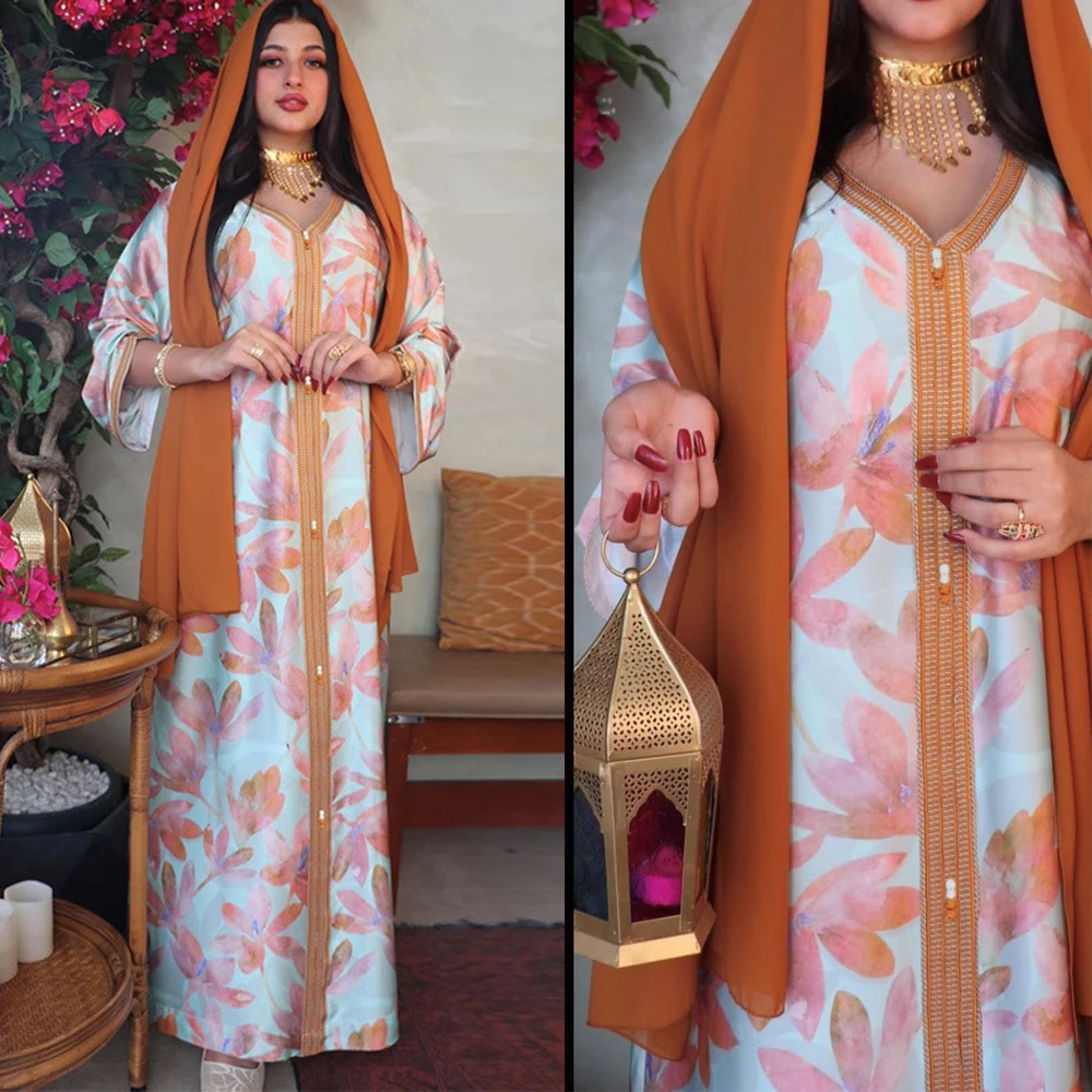Новейшее цветочное мусульманское платье Djellaba мусульманские комплекты одежды Abaya Syari женское вечернее платье Абая служба поклонения Абая s ...