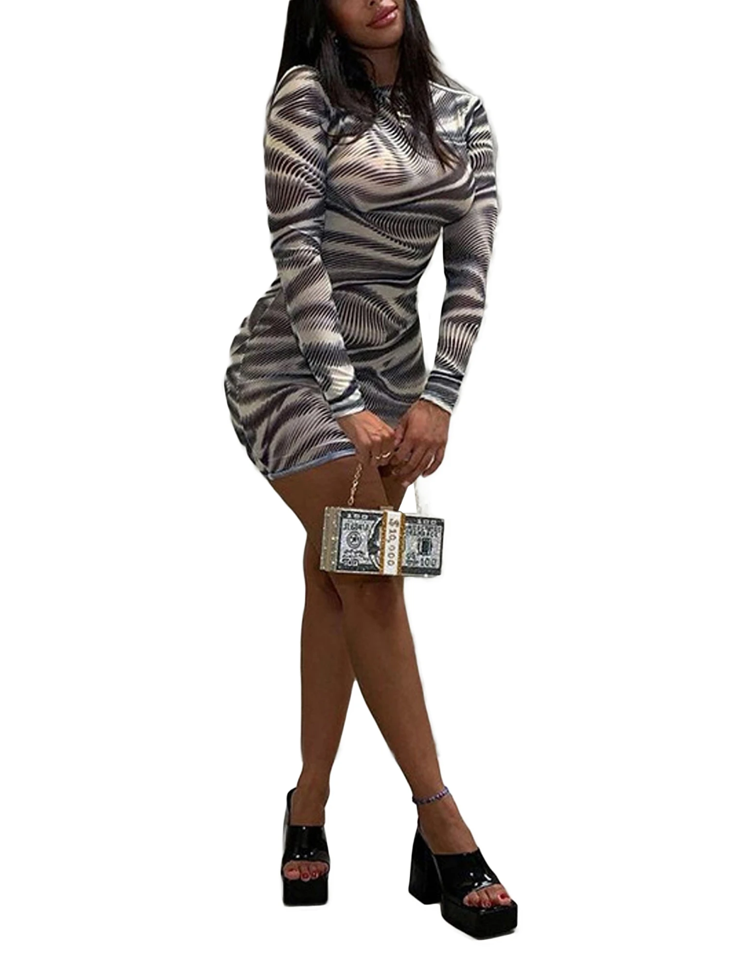 

Женское Полосатое платье с круглым вырезом, облегающие пикантные приталенные платья в полоску с волнистыми полосками и длинным рукавом, ул...