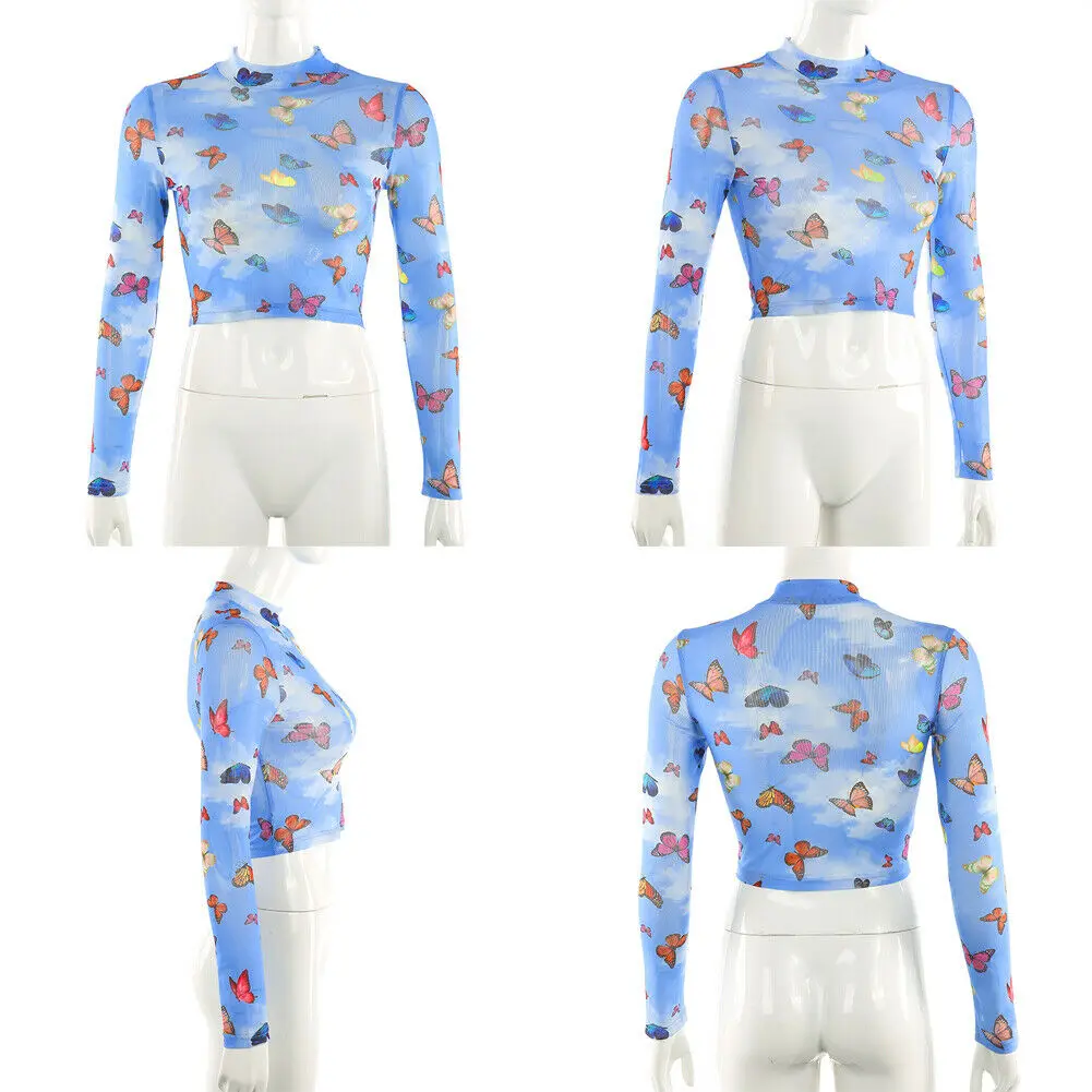 Женский кружевной топ с длинным рукавом прозрачный сетчатый кроп-топ