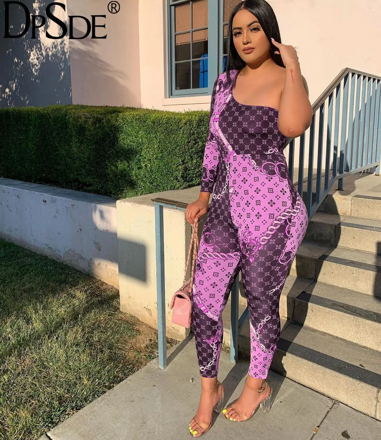 Женский Длинный комбинезон с принтом DPSDE Фиолетовый длинным рукавом и открытой